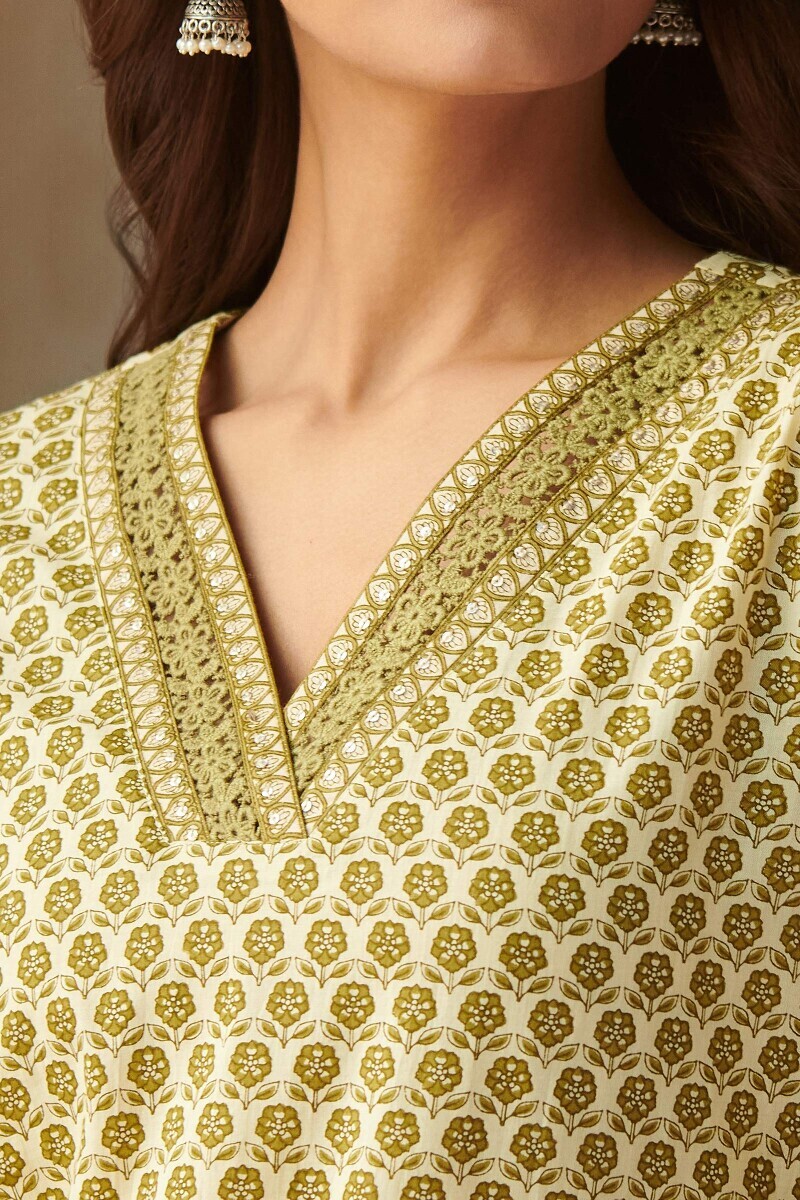 Cream Hand Printed Straight Cotton Kurta