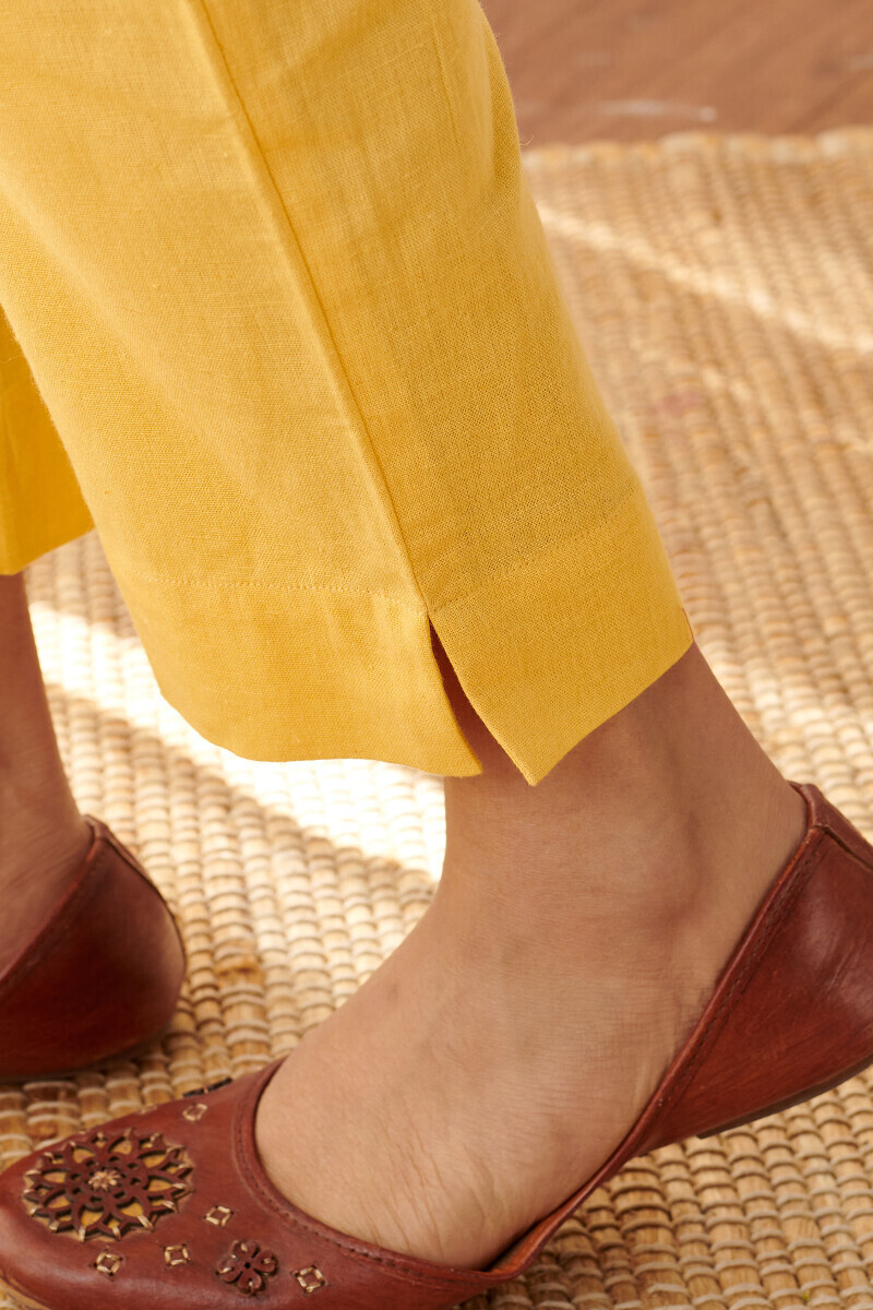 Yellow Handcrafted Cotton Flax Narrow Pants