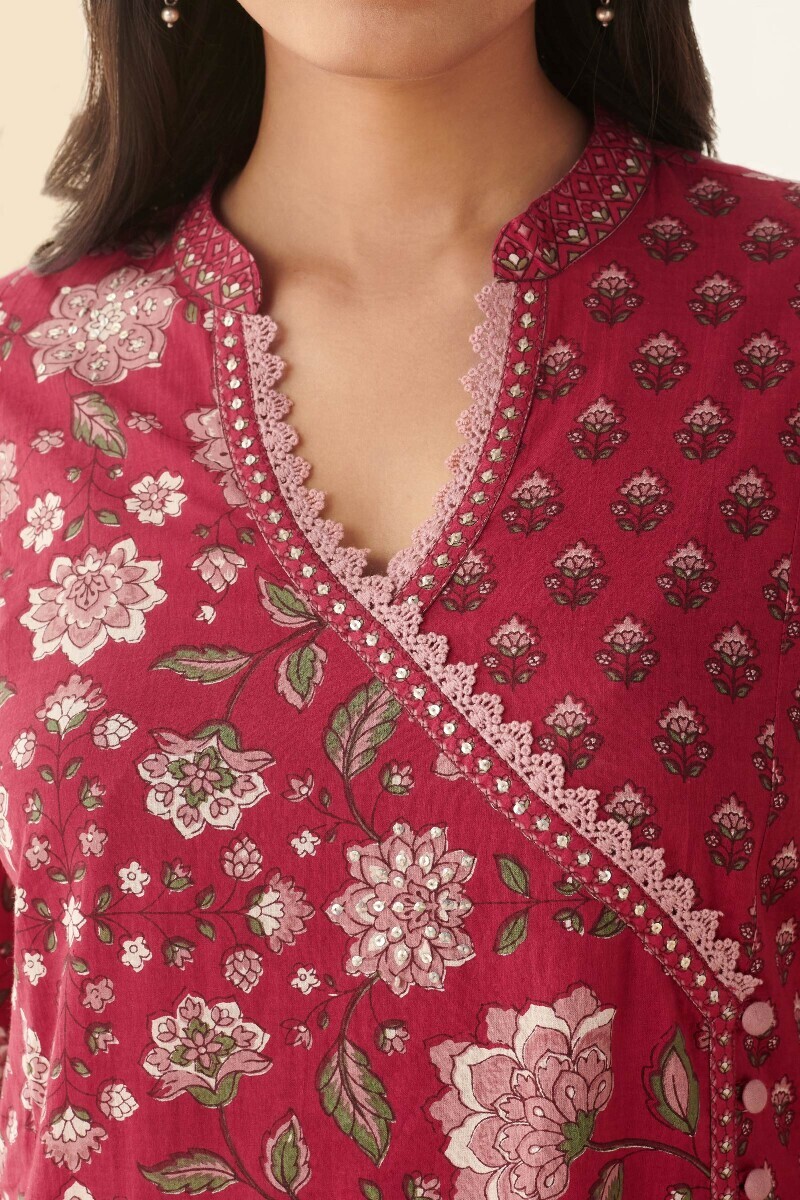 Red Hand Printed Angrakha Cotton Kurta