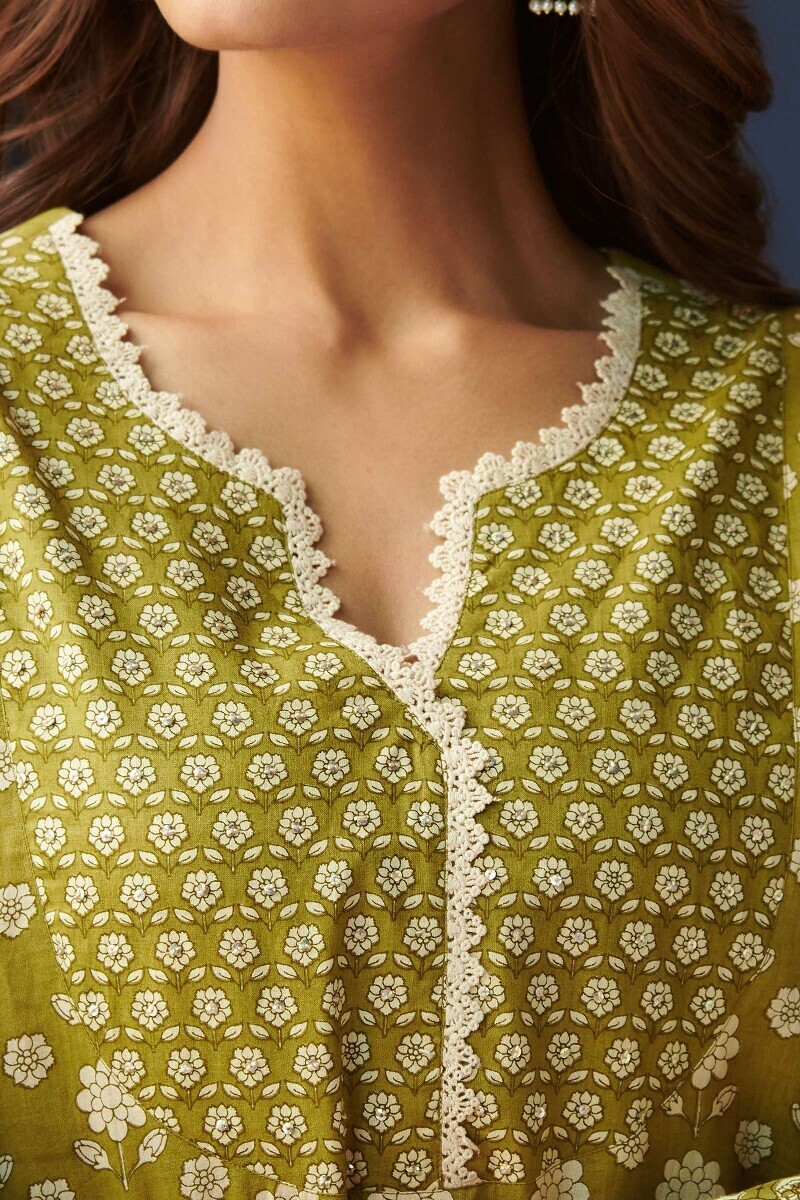 Green Hand Printed Straight Cotton Kurta