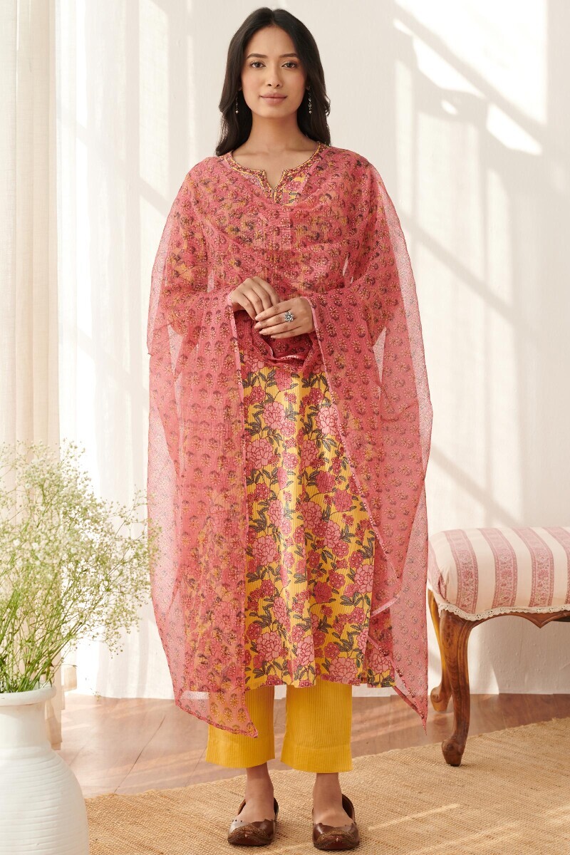 Yellow Hand Printed Straight Cotton Dobby Kurta