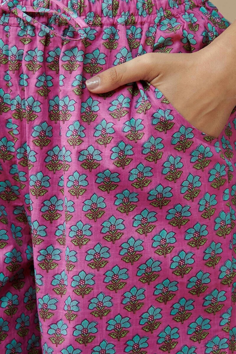 Pink Hand Printed Cotton Slub Narrow Pants