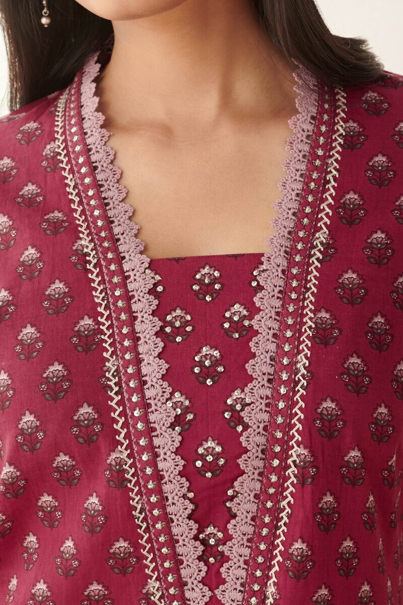 Red Hand Printed Straight Cotton Kurta