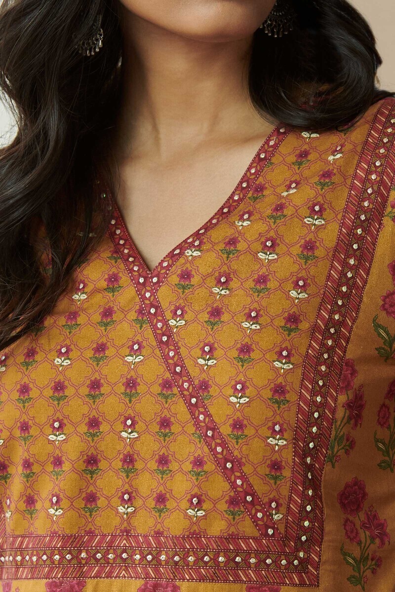 Mustard Printed Straight Cotton Kurta