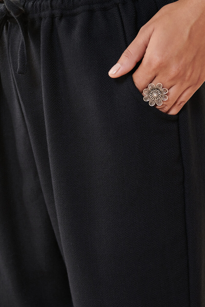 Black Handcrafted Faux Wool Narrow Pants