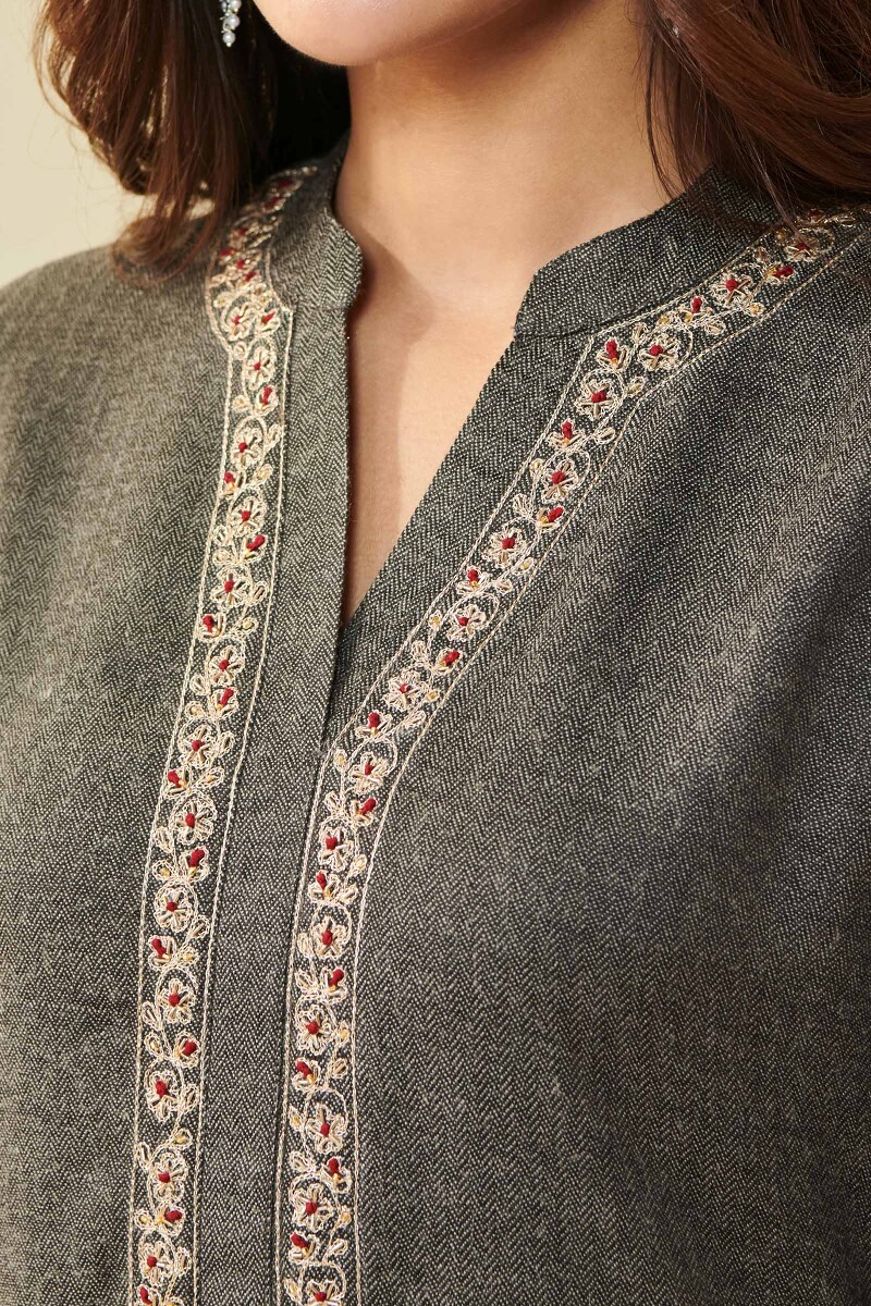 Brown Handcrafted Straight Faux Wool Kurta