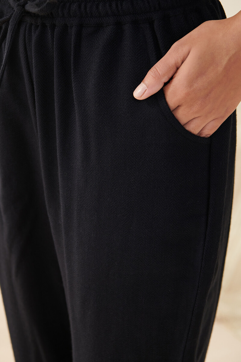Black Handcrafted Faux Wool Handloom Narrow Pants