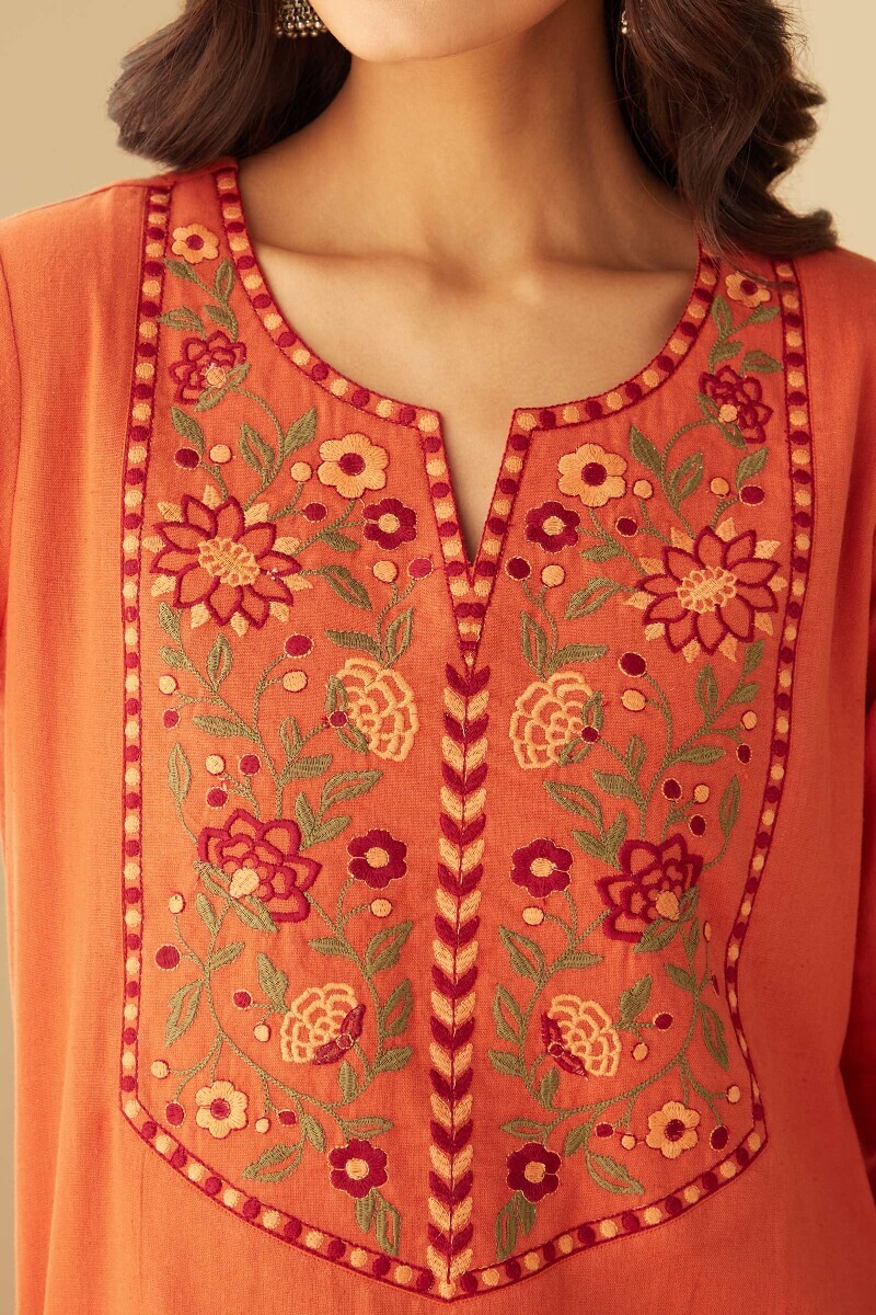 Orange Handcrafted Straight Cotton Flax Kurta