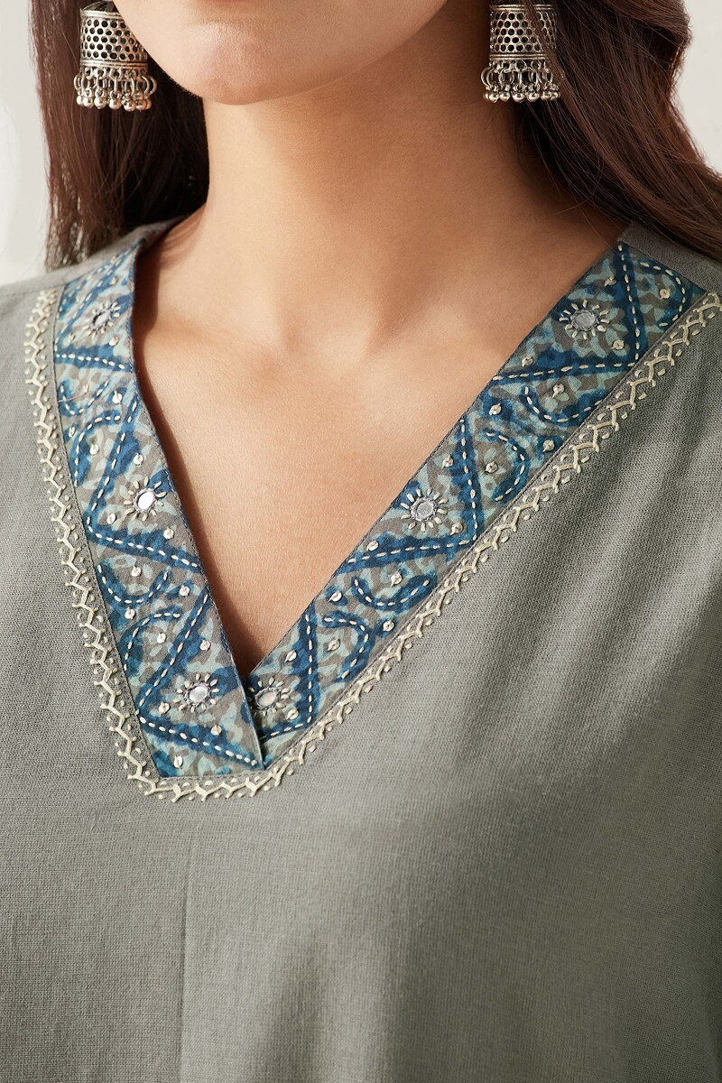 Grey Hand Block Printed Straight Handloom Kurta