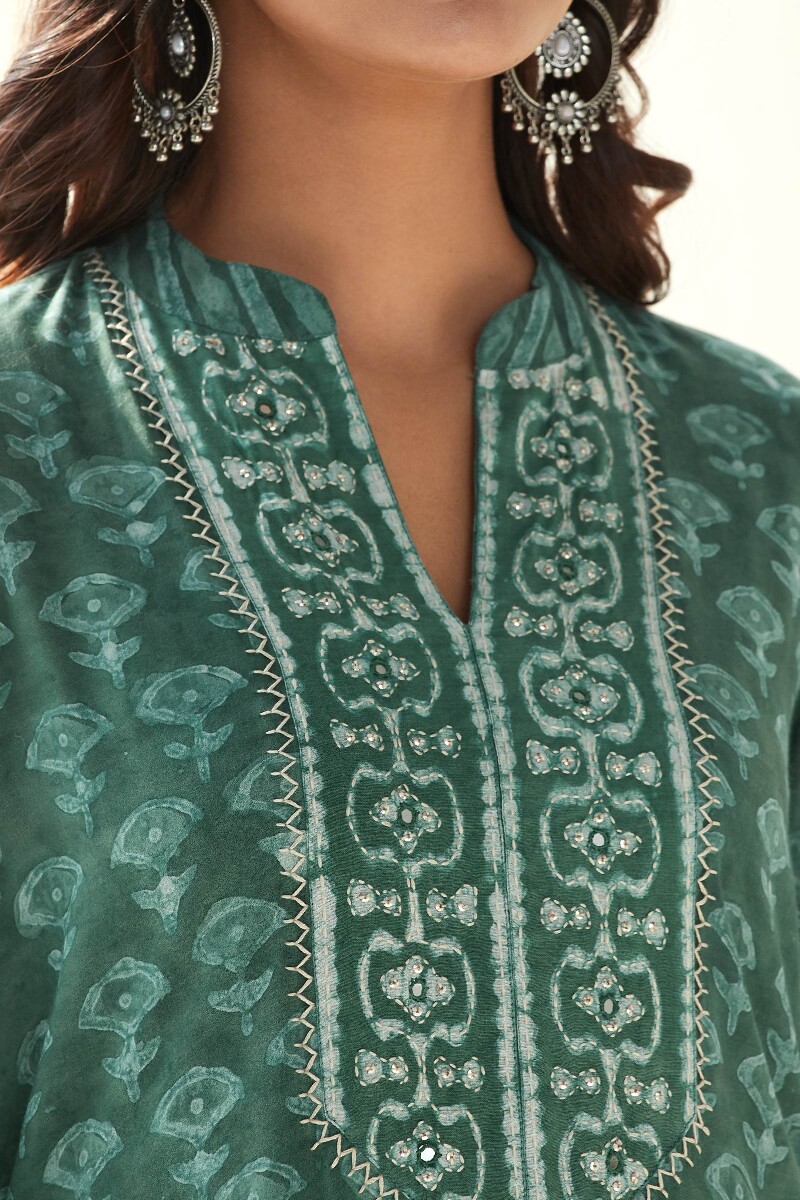 Green Hand Block Printed Straight Modal Kurta