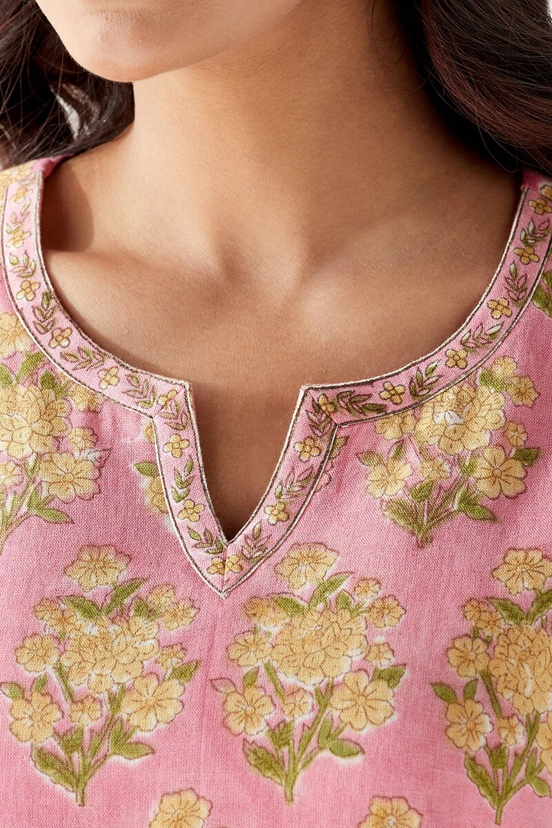 Pink Hand Block Printed Straight Cotton Flax Kurta