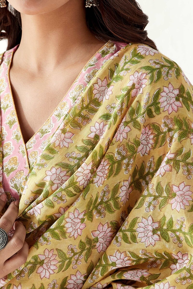Yellow Hand Block Printed Cotton Mul Dupatta