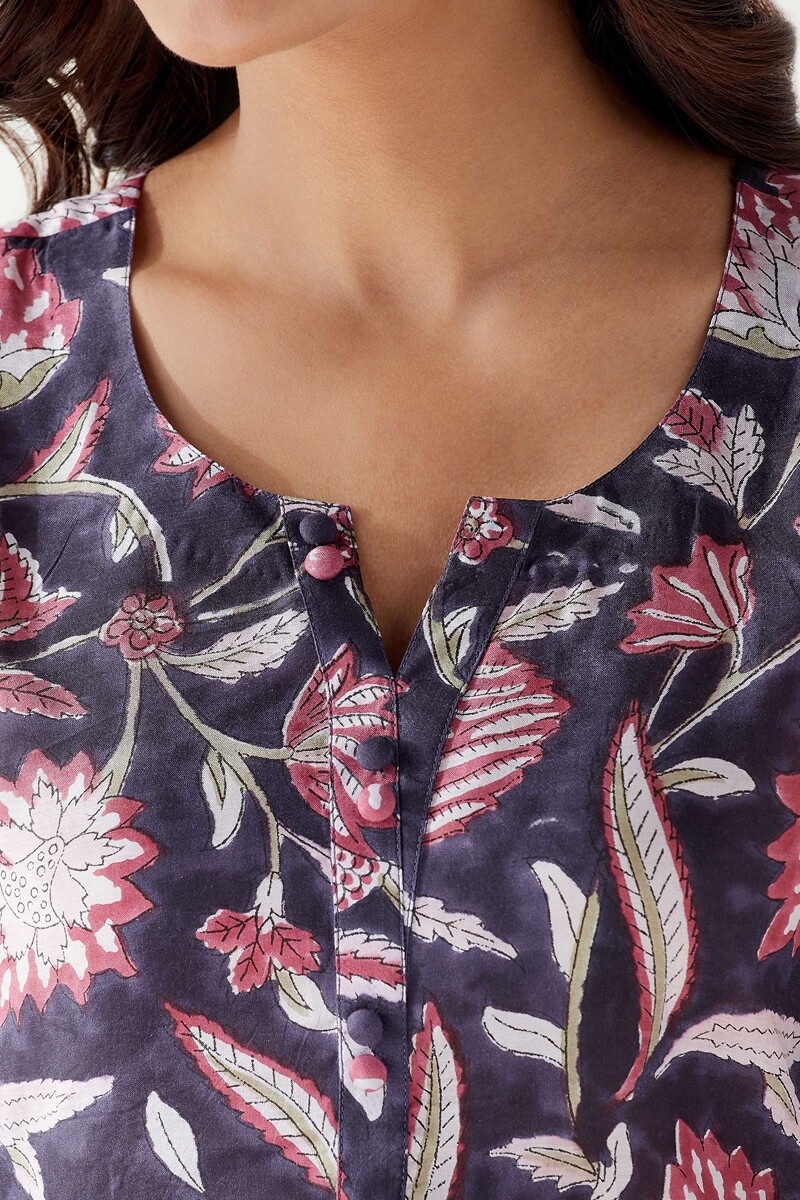 Purple Hand Block Printed Straight Modal Kurta