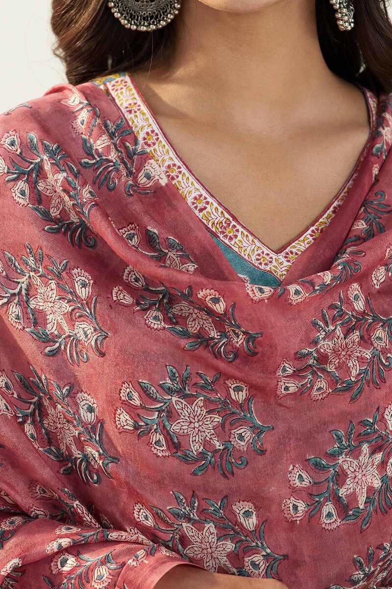 Red Hand Block Printed Silky Modal Dupatta