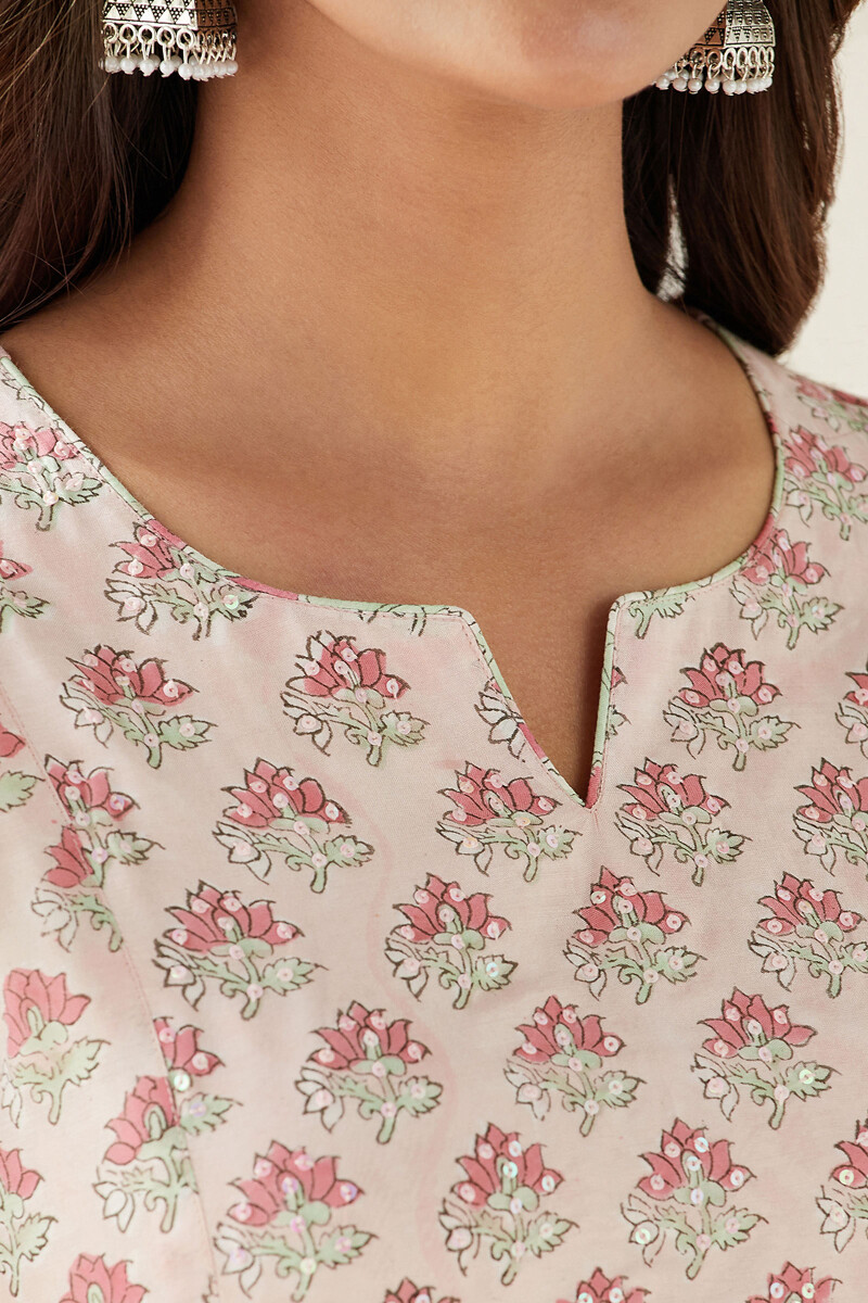 Pink Hand Block Printed Straight Modal Kurta