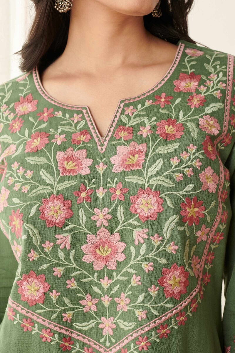 Green Handcrafted Straight Cotton Flax Kurta