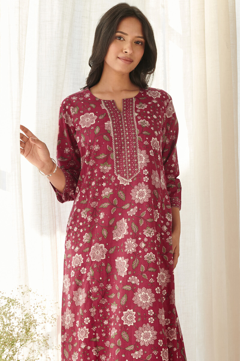 Red Hand Printed Cotton Kaftan