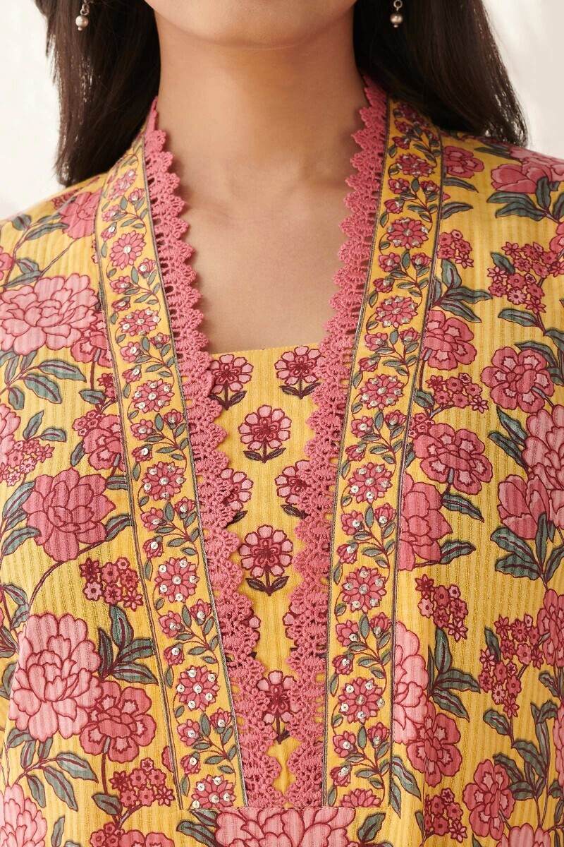 Yellow Hand Printed Straight Cotton Dobby Kurta