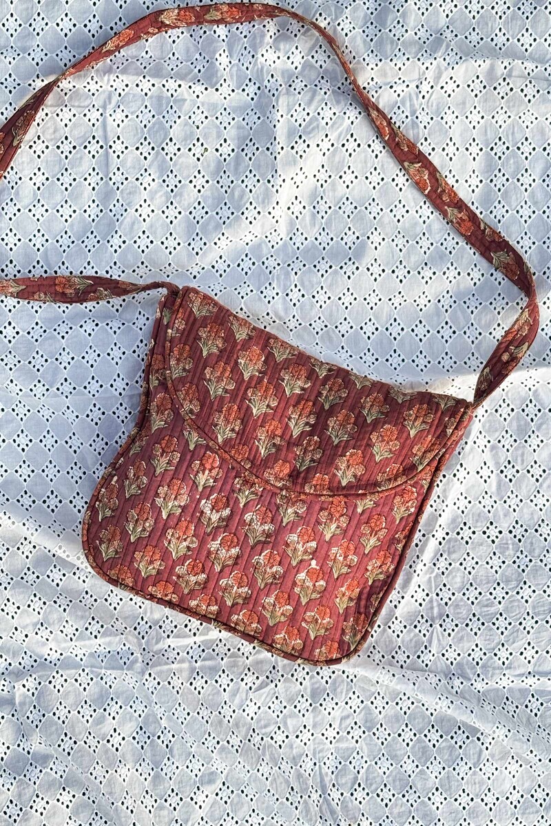 Mauve Hand Block Printed Cotton Dobby Cross Body Bag