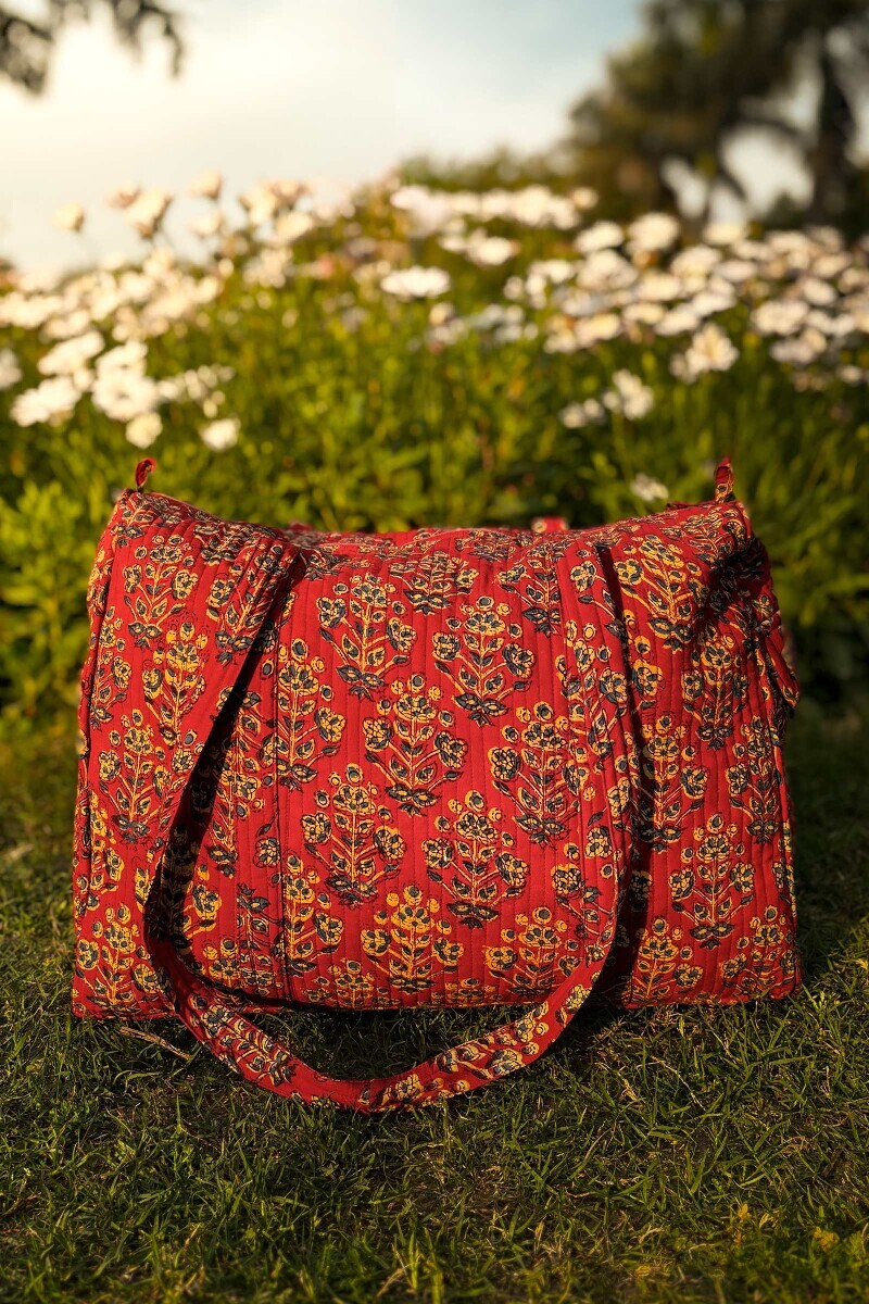 Red Hand Block Printed Holdall Bag