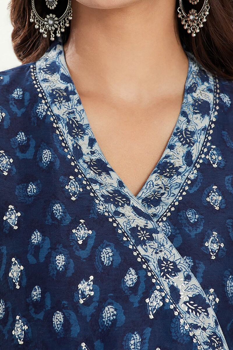Indigo Hand Block Printed Anarkali Chanderi Kurta