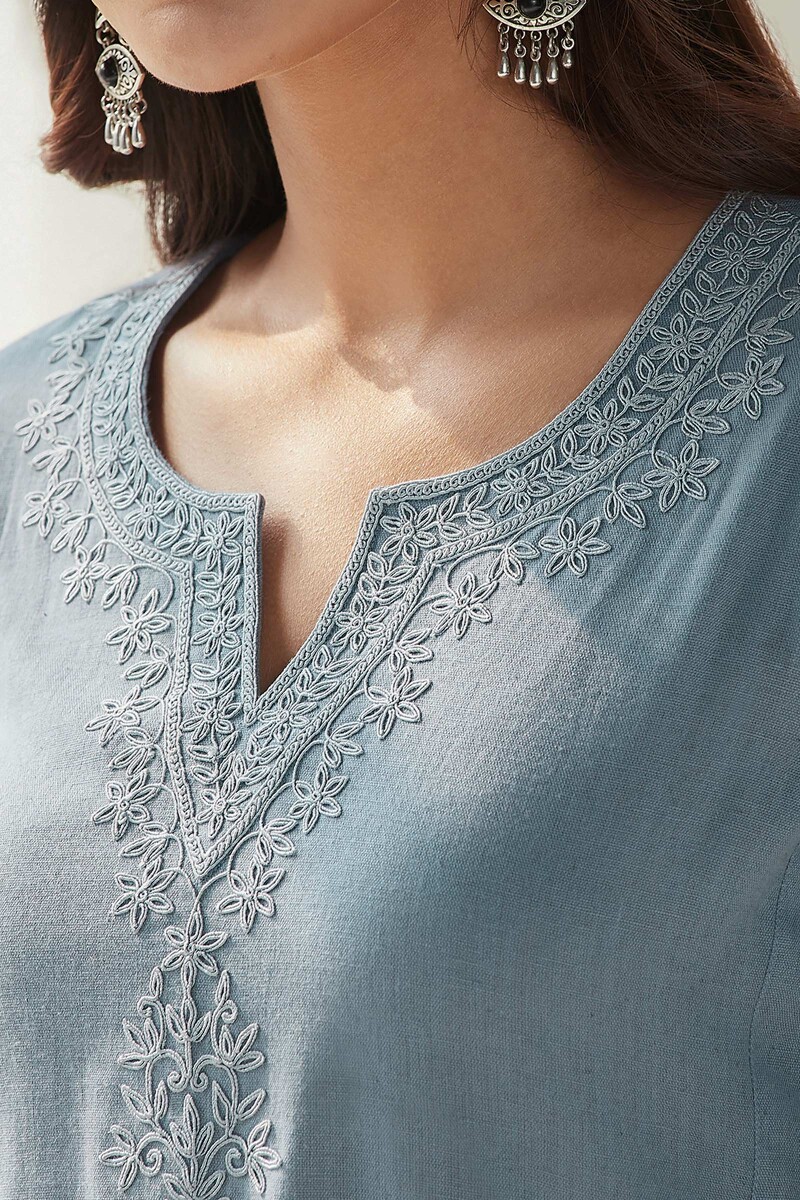 Blue Handcrafted Straight Cotton Flax Kurta