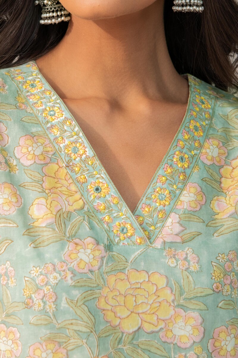 Blue Hand Block Printed Straight Cotton Kurta