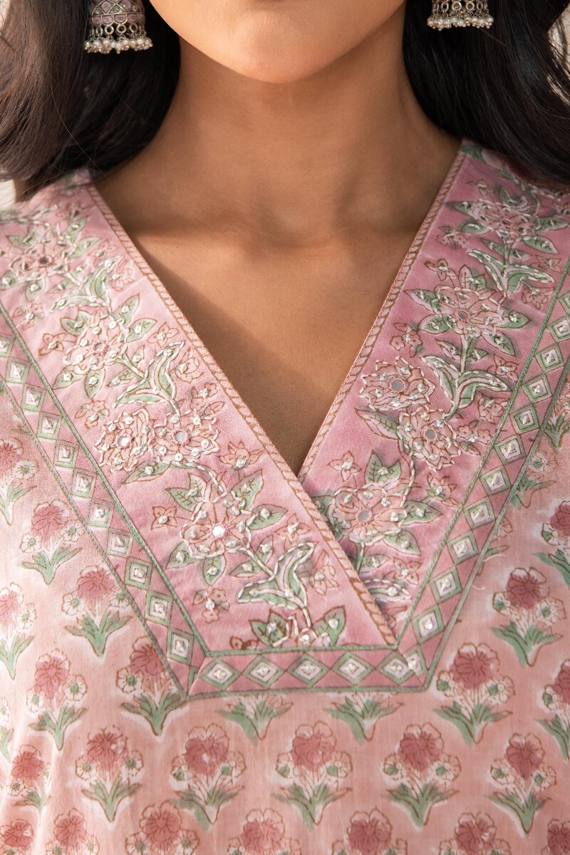 Pink Hand Block Printed Straight Cotton Mul Kurta