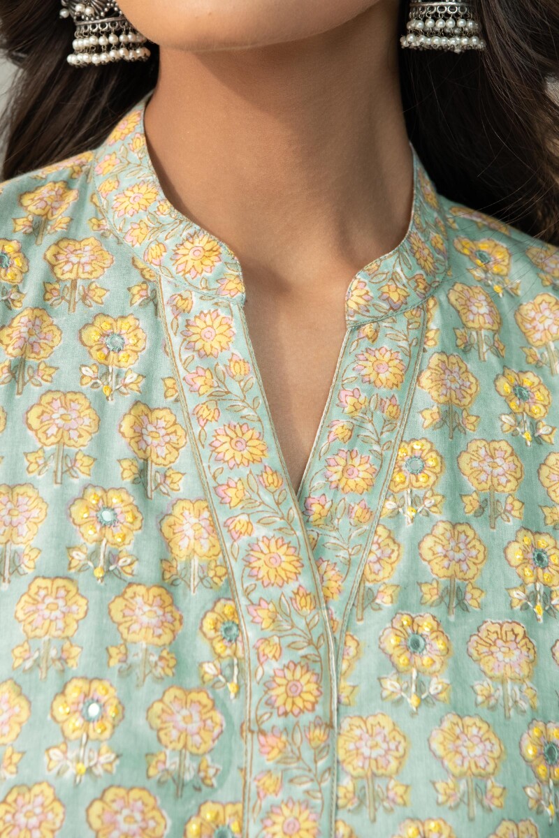 Blue Hand Block Printed A-Line Cotton Mul Kurta