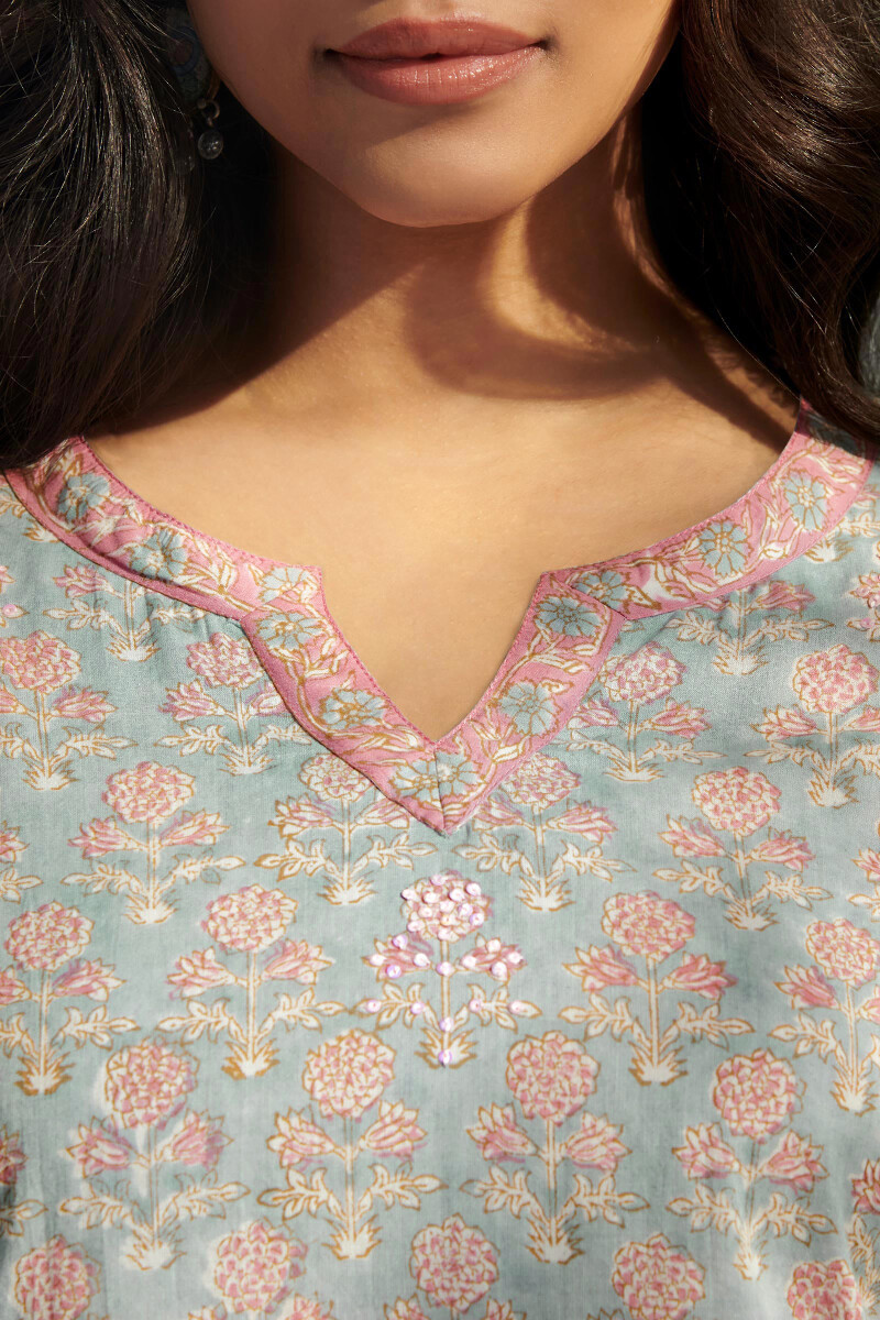 Grey Hand Block Printed Straight Cotton Kurta