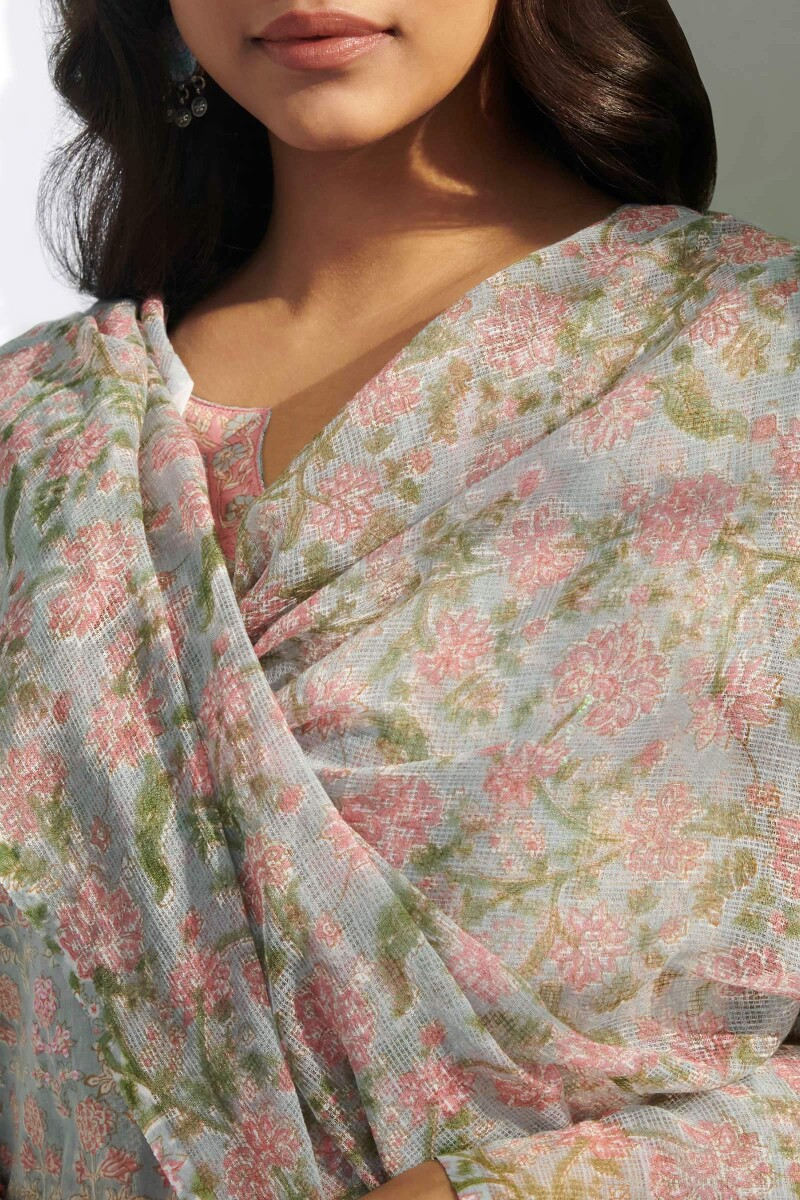 Grey Hand Block Printed Kota Dupatta