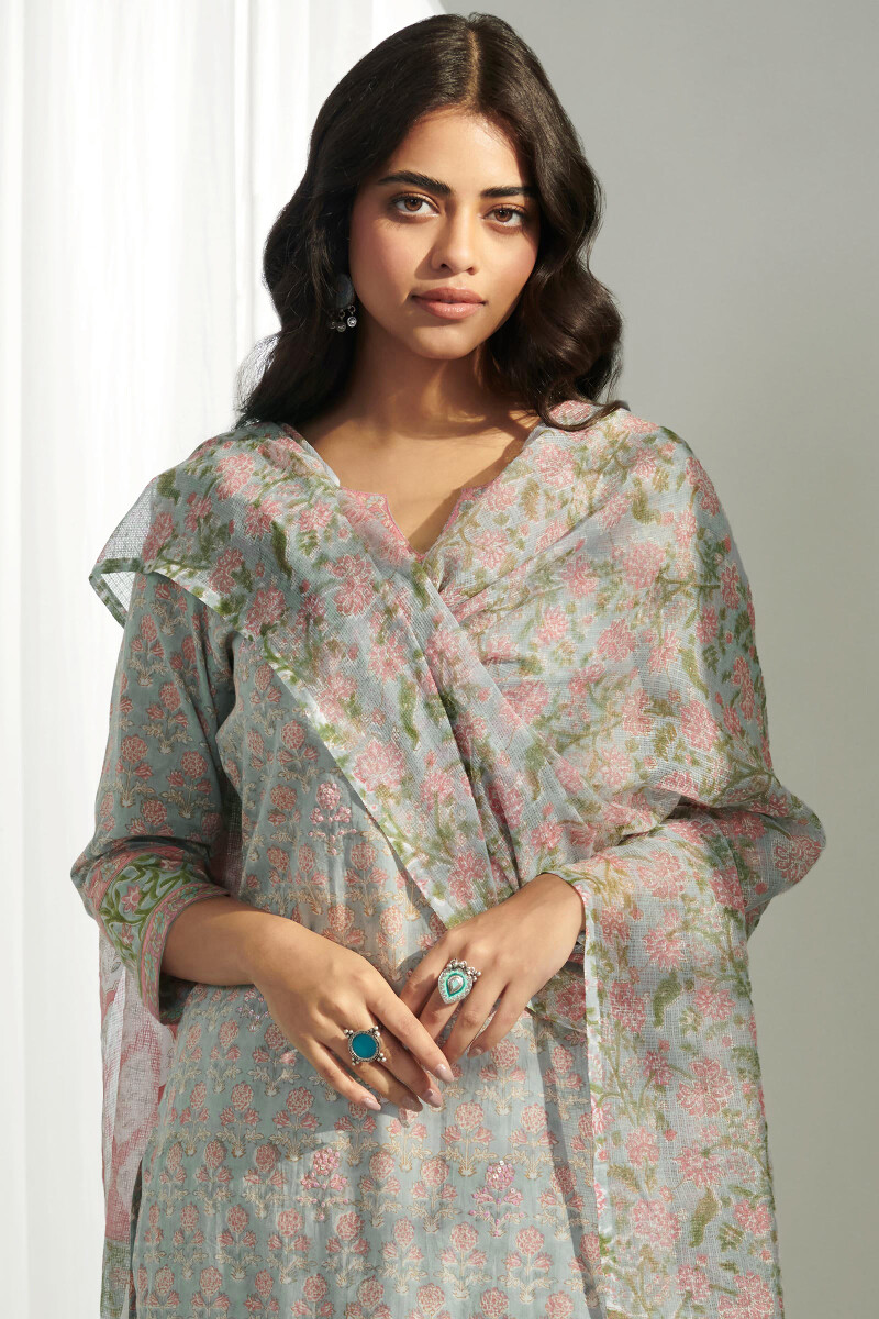 Grey Hand Block Printed Kota Dupatta