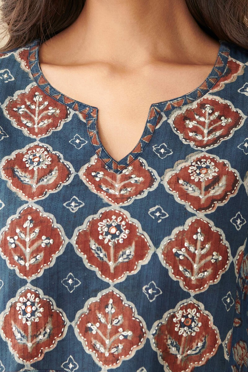 Akola Hand Block Printed Straight Cotton Dobby Kurta