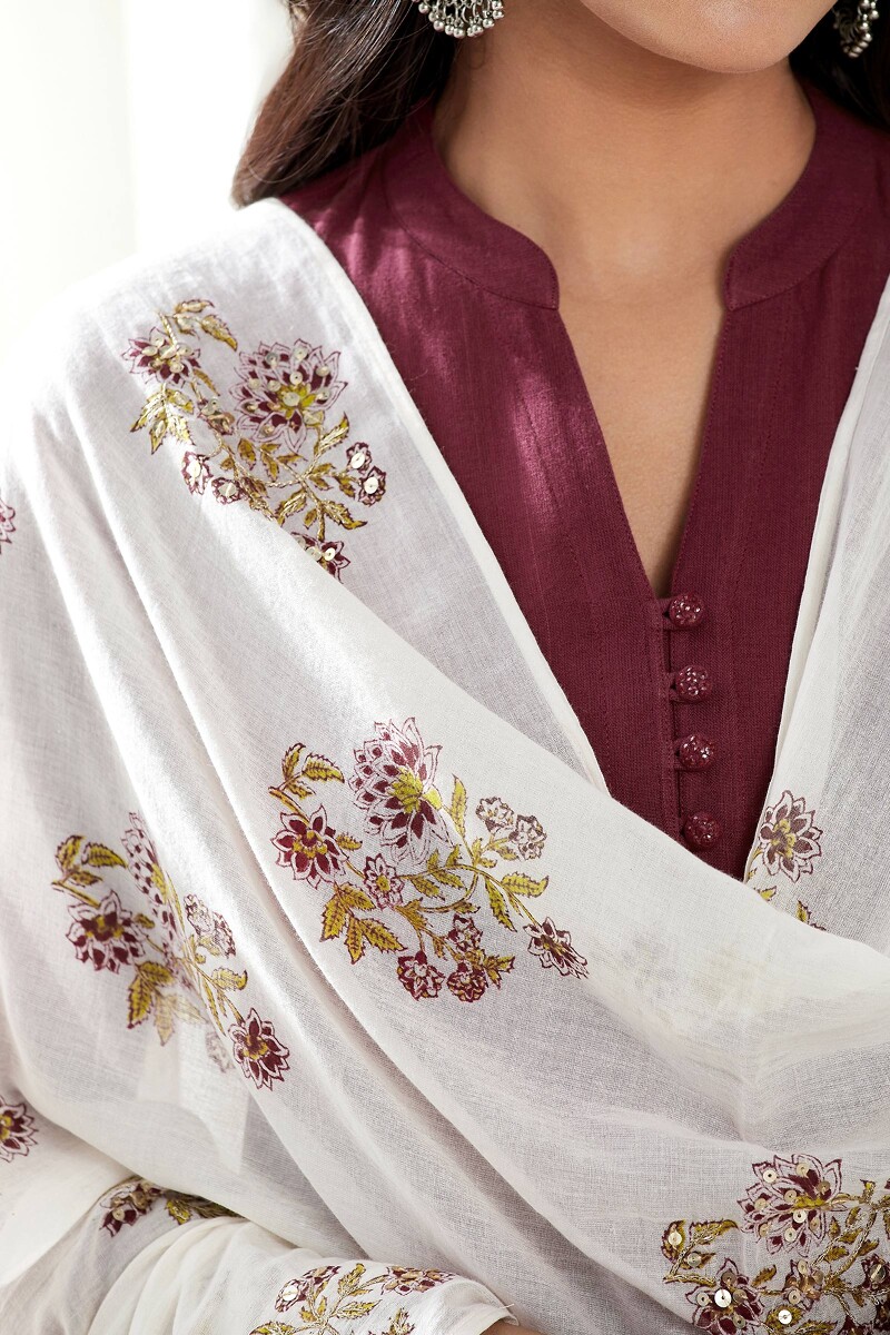 Beige Hand Block Printed Cotton Mul Dupatta