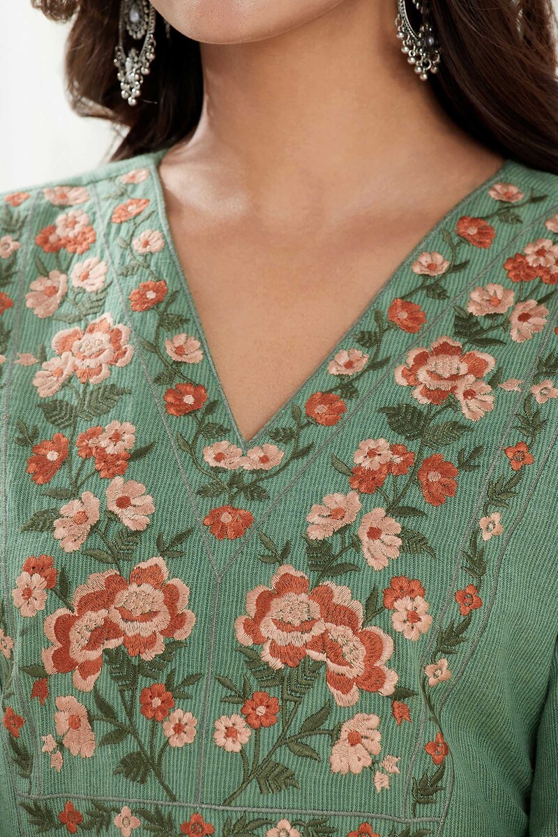 Green Handcrafted Straight Cotton Kurta