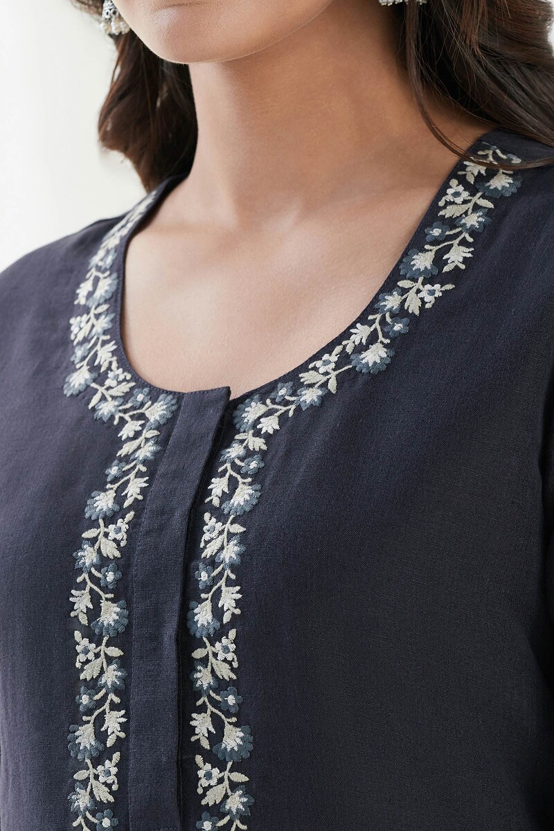 Blue Handcrafted Straight Cotton Linen Kurta