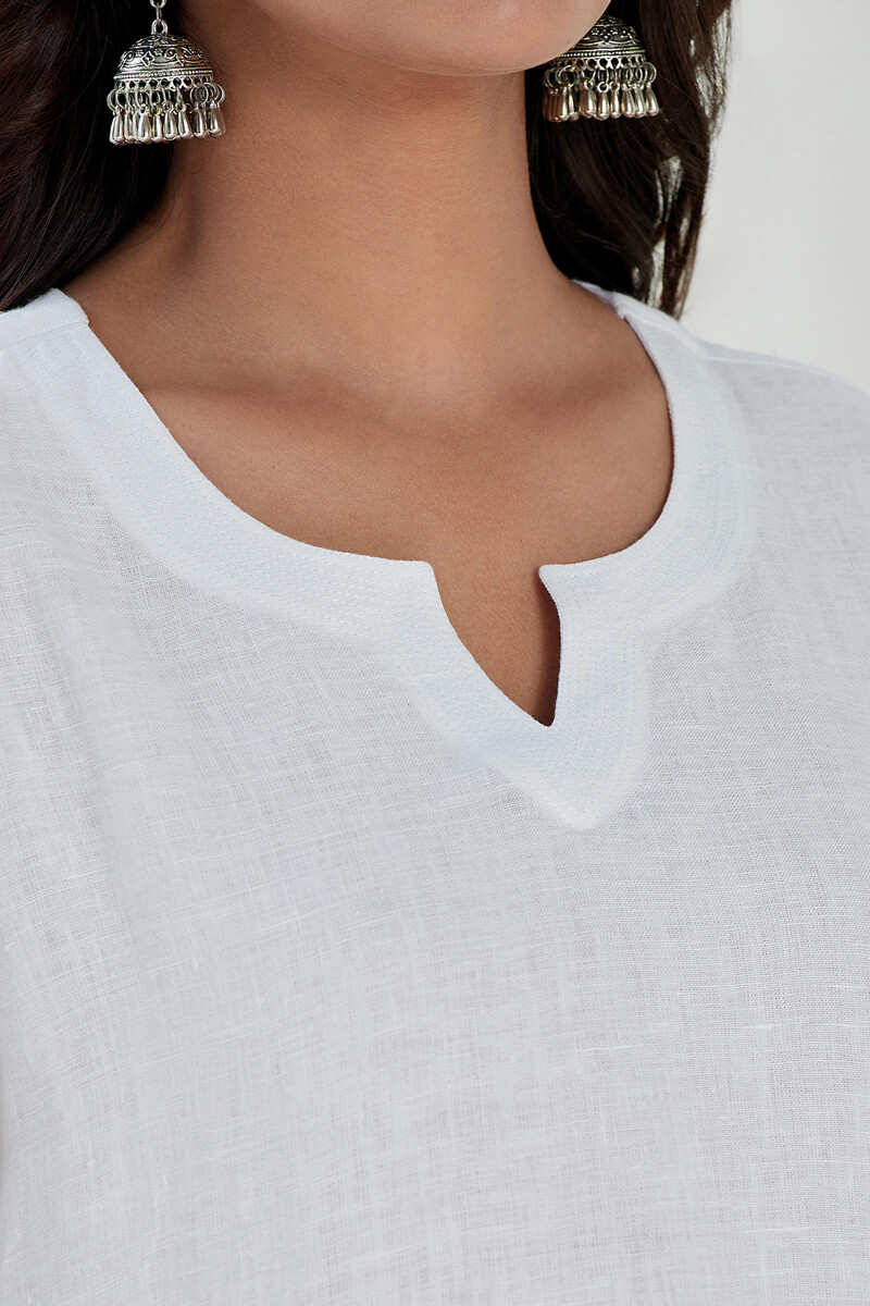 White Handcrafted Straight Linen Kurta