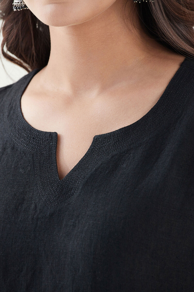 Black Handcrafted Straight Linen Kurta