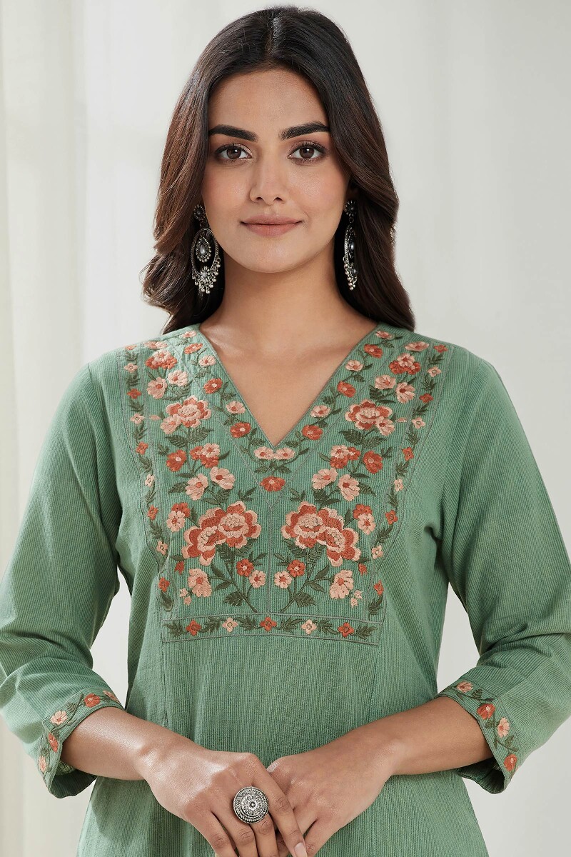 Green Handcrafted Straight Cotton Kurta
