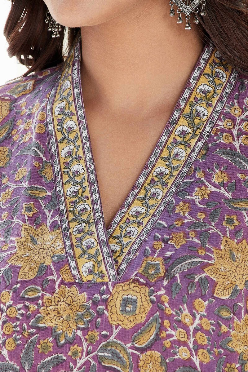 Purple Hand Block Printed Straight Cotton Slub Kurta
