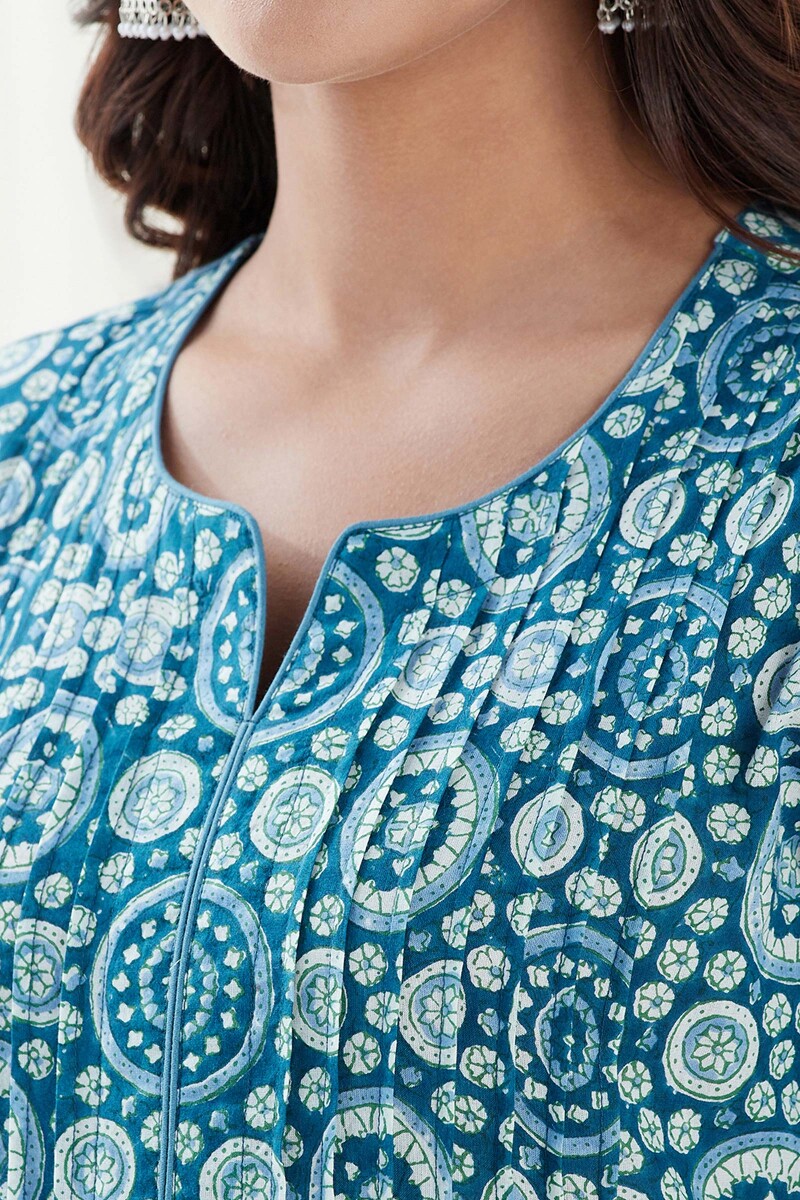 Blue Hand Block Printed Straight Cotton Kurta