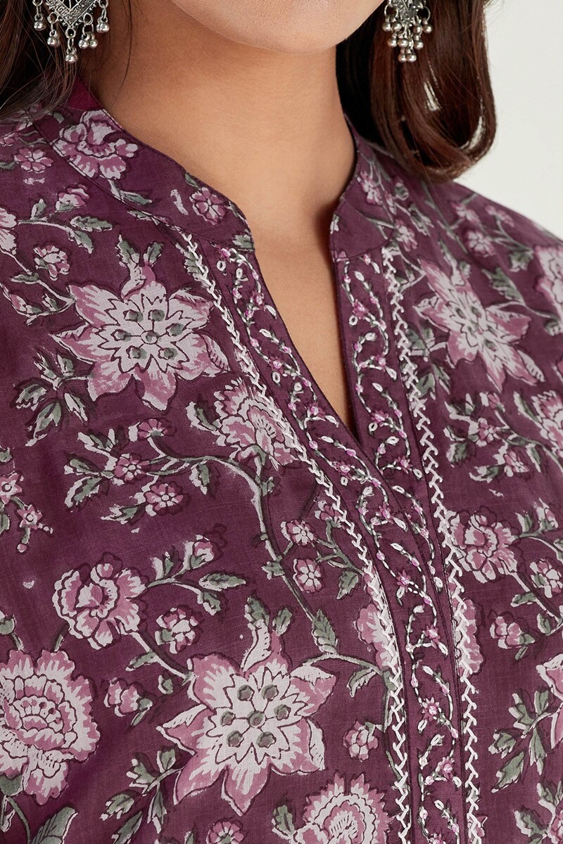 Purple Hand Block Printed Straight Cotton Slub Kurta