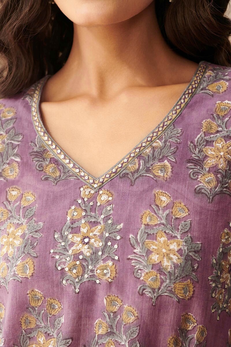 Purple Hand Block Printed Straight Cotton Slub Kurta