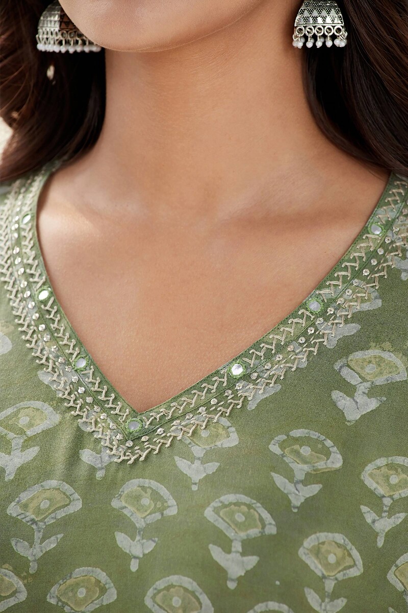 Green Hand Block Printed Straight Modal Kurta