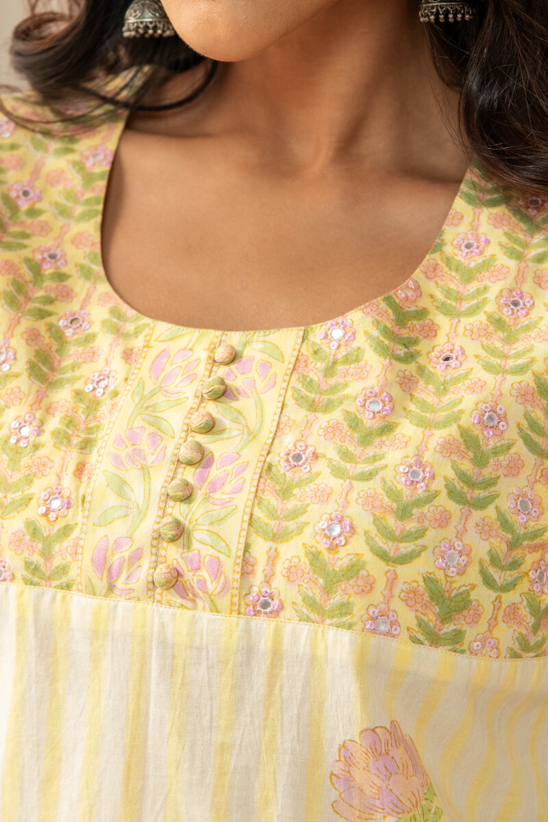 Yellow Hand Block Printed Straight Cotton Kurta