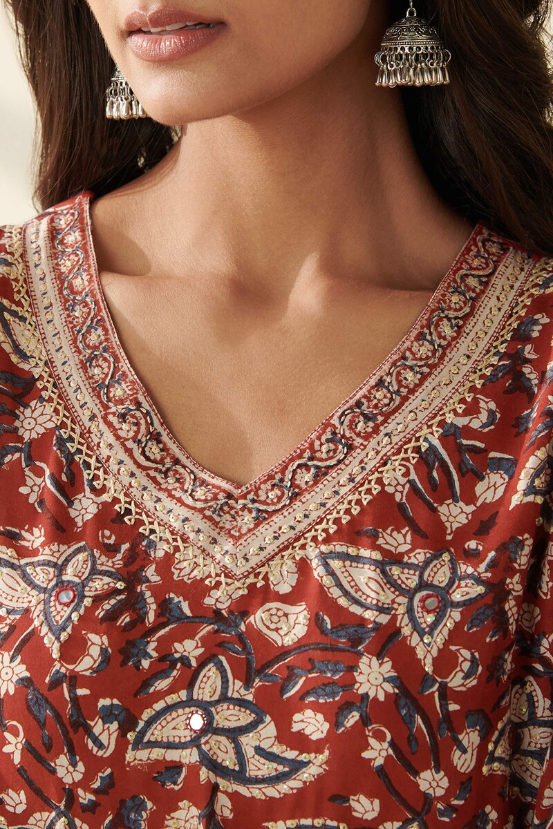 Red Hand Block Printed Straight Viscose Kurta