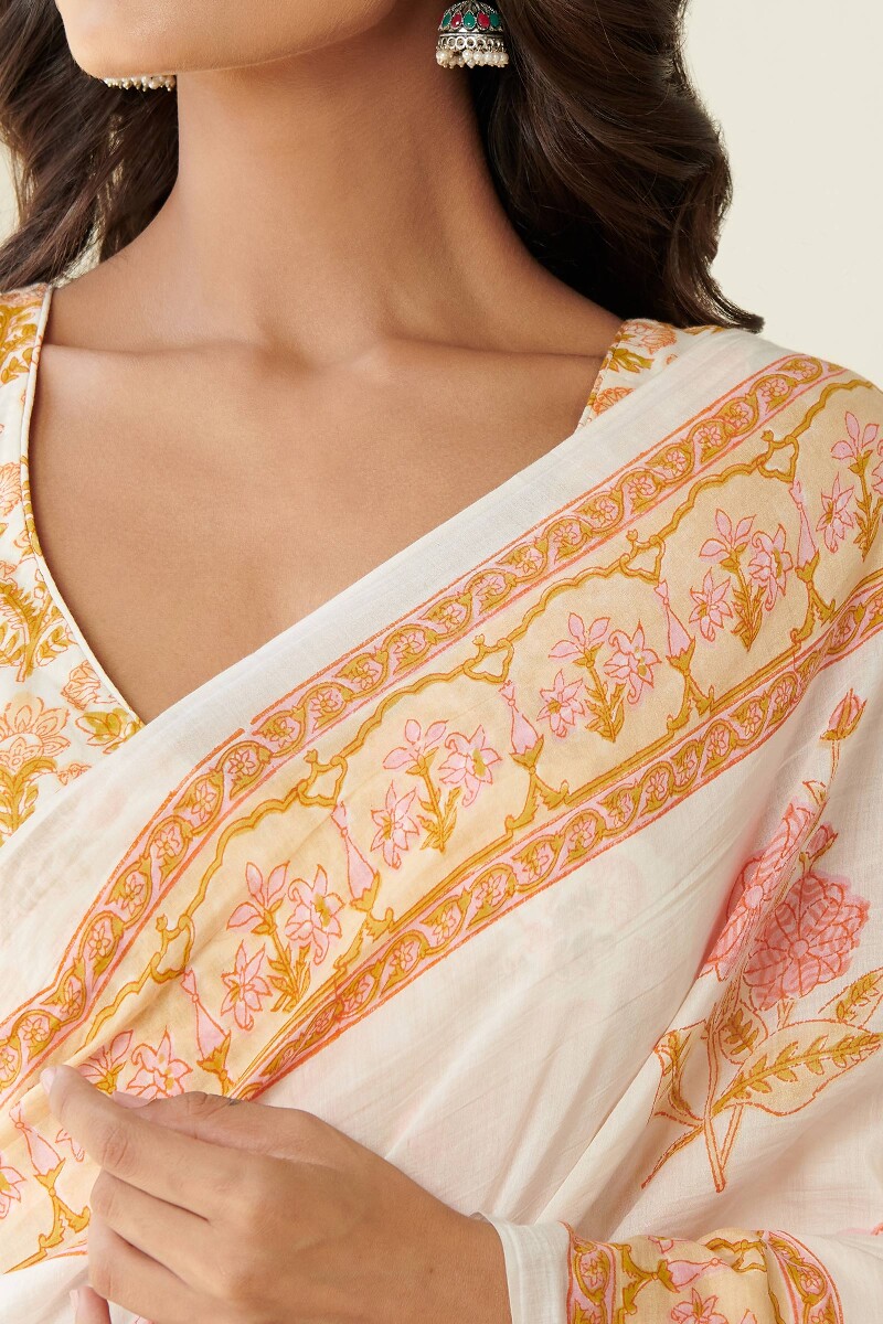 Off-White Hand Block Printed Cotton Silk Saree