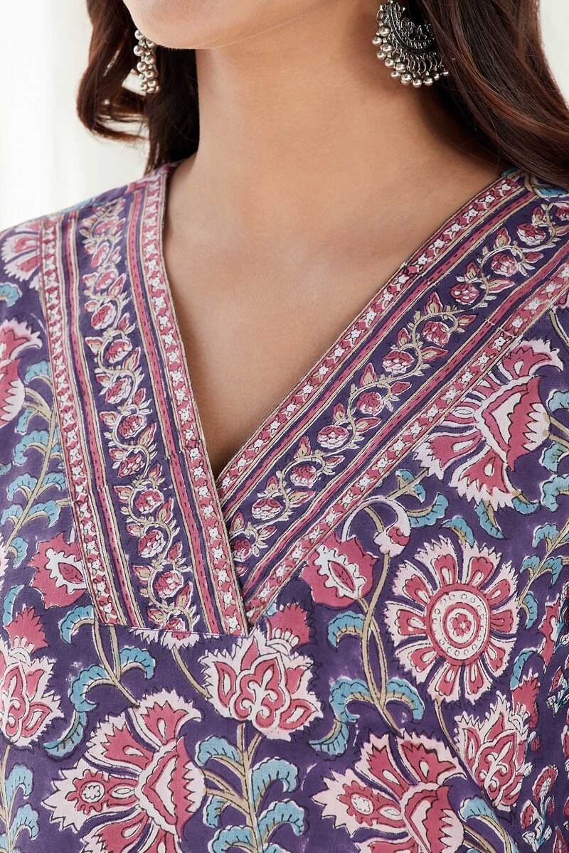 Purple Hand Block Printed Straight Cotton Kurta