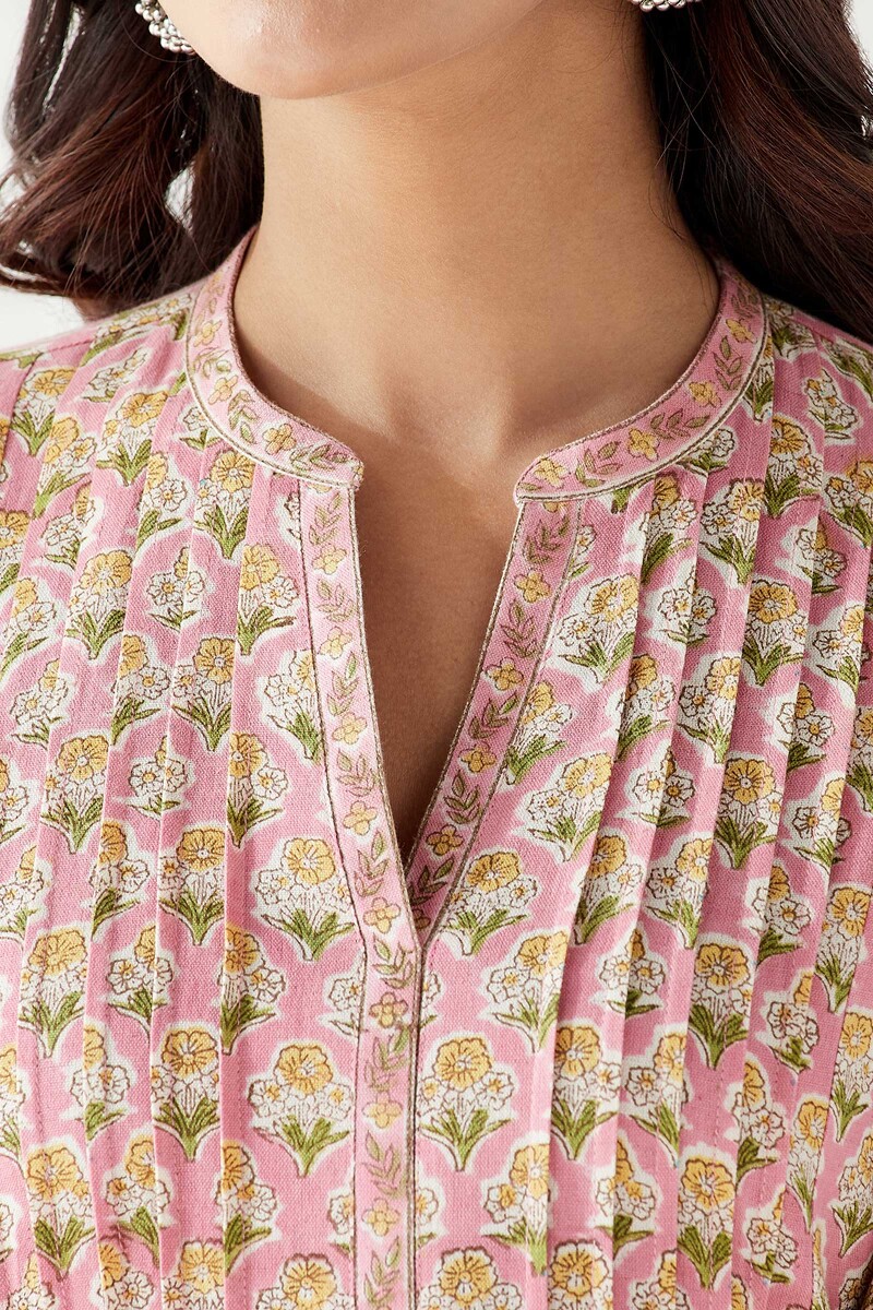 Pink Hand Block Printed Straight Cotton Flax Kurta