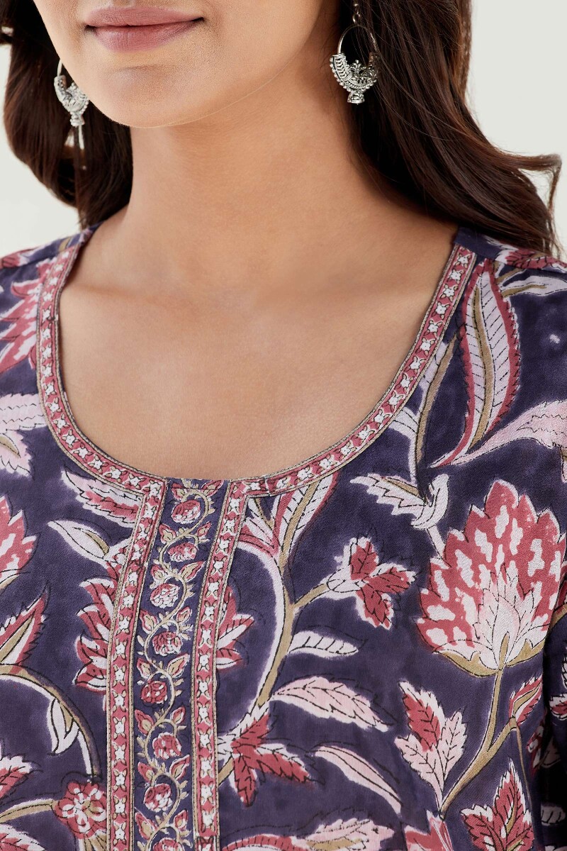 Purple Hand Block Printed Straight Cotton Mul Kurta